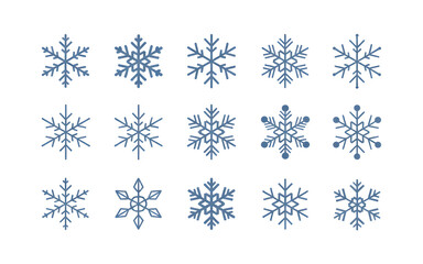 Collection of Fifteen Blue Snowflake Icons on White Background winter cold isolated on a transparent background
