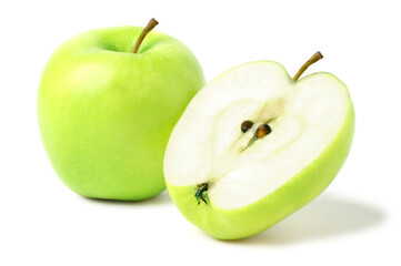 Whole green apples and halved  apples showing the flesh. isolated on white background.