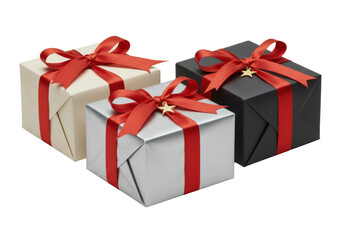 Obraz premium Three elegantly wrapped gift boxes in cream, silver, black with red satin ribbons & gold star charms, isolated on a transparent background with no shadows, luxury gift concept