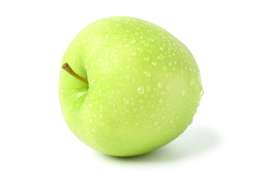 Green apple with water droplets lying on its side. isolated on white background.
