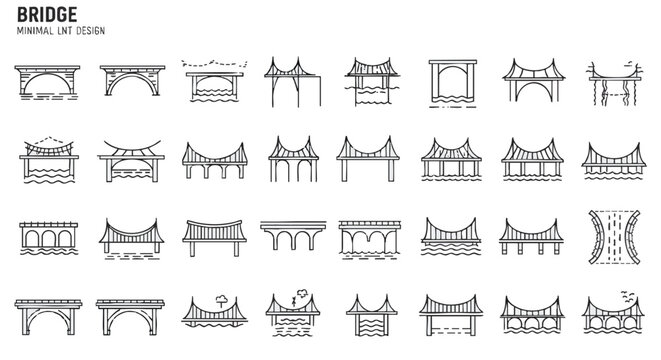 Minimalist line art bridge designs collection. Diverse architectural styles and structural forms in vector format. Perfect for graphic projects, infrastructure, and design elements