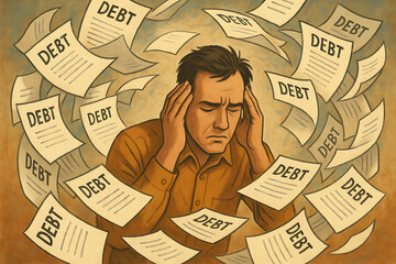 Financial stress illustration of overwhelmed man surrounded by debt papers symbolizing money problems, bills and economic crisis