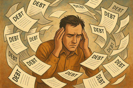 Financial stress illustration of overwhelmed man surrounded by debt papers symbolizing money problems, bills and economic crisis