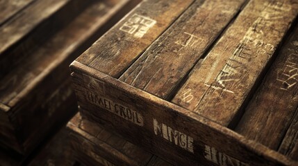 Old stained wooden crate planks with faded stenciled text