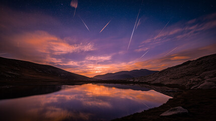 meteor. Vibrant meteor trails painting the night sky, mirrored perfectly in a tranquil alpine lake. travel magazines, destination branding, designed for outdoor magazines and nature guides.
