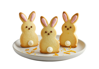 Three golden-brown rabbit cookies, pink iced ears, chocolate eyes, on white plate with orange zest, isolated on transparent, commercial food concept
