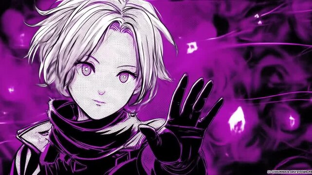 Anime style portrait with purple energy overlay and dramatic lighting