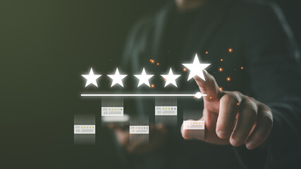 Hand giving five star rating on virtual interface, symbolizing excellent customer satisfaction,...