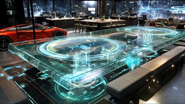 Futuristic interior design with car and interactive table technology
