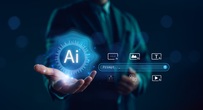 Businessman interacting with AI prompt interface, symbolizing generative artificial intelligence, prompt engineering, content creation by AI, machine learning tools, and digital automation future.