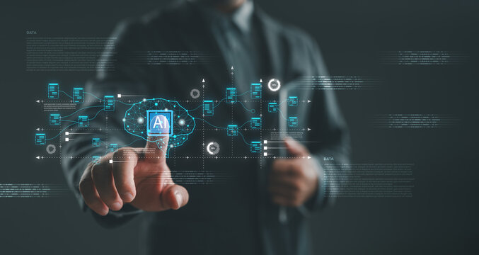 Businessman activating AI interface on digital network screen, representing artificial intelligence, machine learning, data processing, neural networks, and futuristic technology for automation.