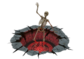 A spectral skeleton, seemingly falling, emerges from a cracked earth fissure, revealing a glowing magical circle beneath.