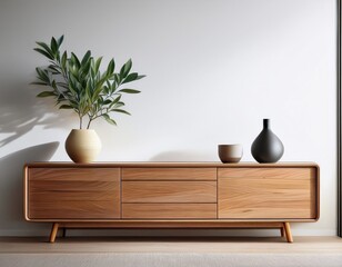 minimalist wooden tv stand against a white wall with a plant and decorative vase ideal for interior design home decor and furniture visuals