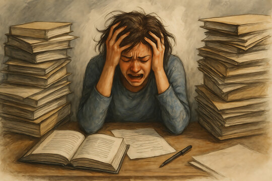 Illustration of stressed student overwhelmed by studying with piles of books and papers symbolizing academic burnout and mental pressure