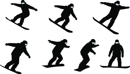 A collection of black and white silhouettes depicting a ski jumper in various poses during flight.