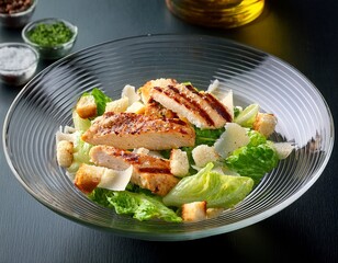 grilled chicken caesar salad in a glass bowl
