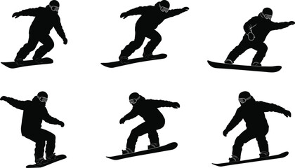 A collection of black and white silhouettes depicting a ski jumper in various poses during flight.