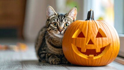 Obraz premium Cat hiding behind carved pumpkin lantern 