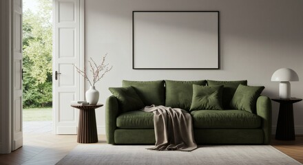 Inviting Modern Living Room: Olive Green Sofa, Natural Light, Empty Frame, Open Doors to Lush Garden View