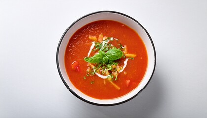 a bowl of plant based tomato soup on a white surface