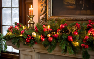 Festive Christmas Garland with Ornaments and Candle on Mantelpiece pine isolated on a transparent background