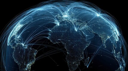 Digital globe with connected trade routes, global network, world trade.