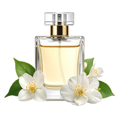 Luxury Perfume Bottle with Gold Cap and Fresh Jasmine Flowers on Black Background