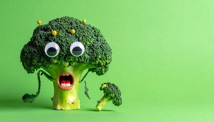 Broccoli with googly eyes, surprised expression