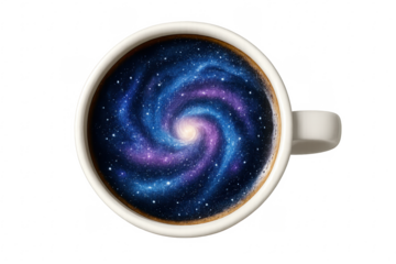 Coffee mug containing swirling galaxy on transparent background