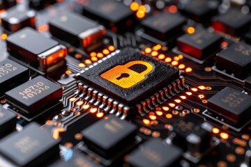 Illuminated digital lock encircled by streams of binary data representing cybersecurity concepts