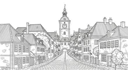 Obraz premium Detailed black and white illustration of a European town street with a clock tower.