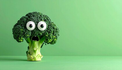 Broccoli with wide eyes, shocked expression, vibrant green background