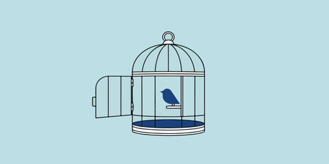 Open bird cage illustration with clean line art