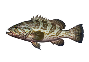 Naklejka premium A detailed illustration of a spotted fish, presented in profile view against a dark background.