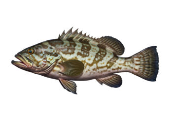 A detailed illustration of a spotted fish, presented in profile view against a dark background.