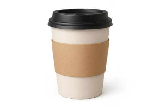 Paper coffee cup with lid and sleeve on transparent background