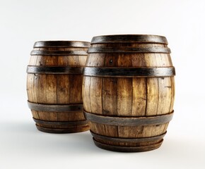Obraz premium Two weathered wooden barrels isolated on a white background for storage