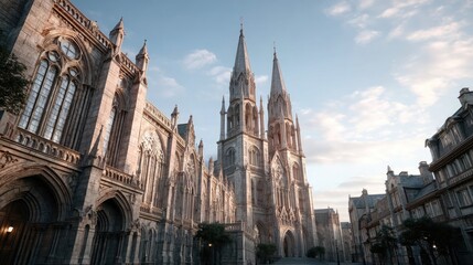 Fototapeta premium Detailed Macro Close Up of Gothic Castle with Towers Cinematic Lighting under a Cloudy Sky