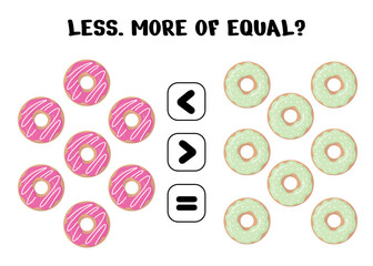 Math worksheet for kids featuring colorful donuts comparing quantities with less more and equal symbols