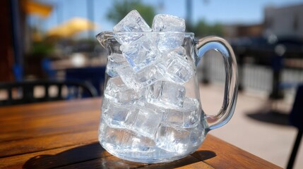 Glass pitcher with ice and water on wooden table