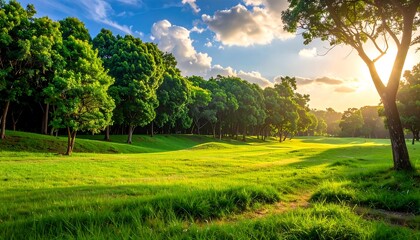 Obraz premium Lush green landscape at sunset