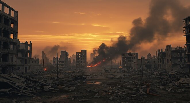 Destroyed city landscape with smoke and fire