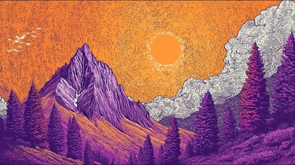 Stylized mountain landscape illustration with trees and orange sky - Powered by Adobe