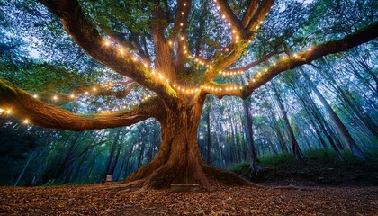 a captivating scene of an ancient tree adorned with glowing lights nestled in a mystical forest the enchanting ambiance evokes wonder and invites exploration