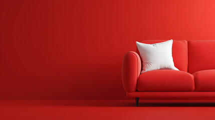 Modern red sofa with white pillow against plain red wall for minimalist interior background and mockup design