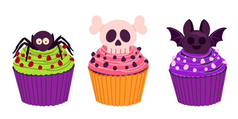 Set of three Halloween cupcakes decorated with spider, bat, and skull in bright glaze. Flat vector style ideal for spooky festive banners, flyers, and party designs.