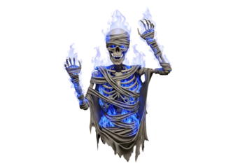 A spectral skeleton, wrapped in bandages, glows with ethereal blue flames against a stark black background.