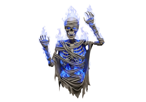 A spectral skeleton, wrapped in bandages, glows with ethereal blue flames against a stark black background.