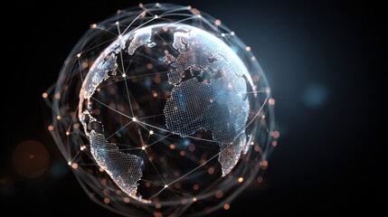 Holographic globe with network nodes, world connection, international business.