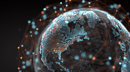 Holographic globe with network nodes, world connection, international business.